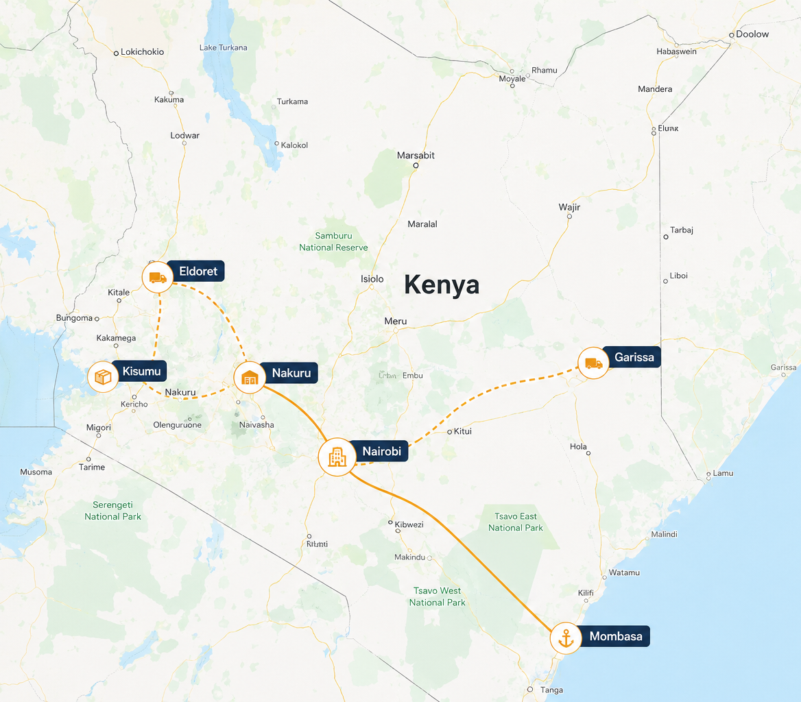 Real map of Kenya showing Boulder Ventures logistics coverage hubs and delivery routes